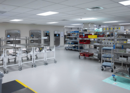 Sterile hospital supply storage room with equipment.