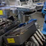 Sterile processing technician scanning surgical instruments in a decontamination area, following AAMI reprocessing standards.