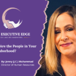 A promotional graphic for The Executive Edge featuring Jenny (J.C.) Muhammad, Director of Human Resources at Advantage Support Services, Inc.. The image has a split purple and dark blue background with a torn-edge effect, a handshake logo, and the title "Who Are the People in Your Neighborhood?".