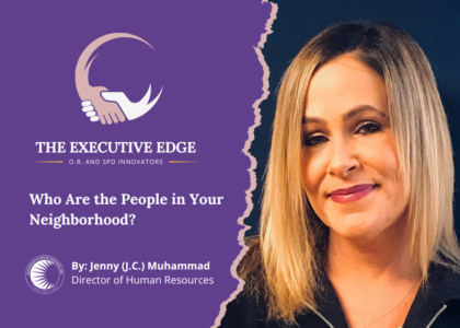 A promotional graphic for The Executive Edge featuring Jenny (J.C.) Muhammad, Director of Human Resources at Advantage Support Services, Inc.. The image has a split purple and dark blue background with a torn-edge effect, a handshake logo, and the title "Who Are the People in Your Neighborhood?".