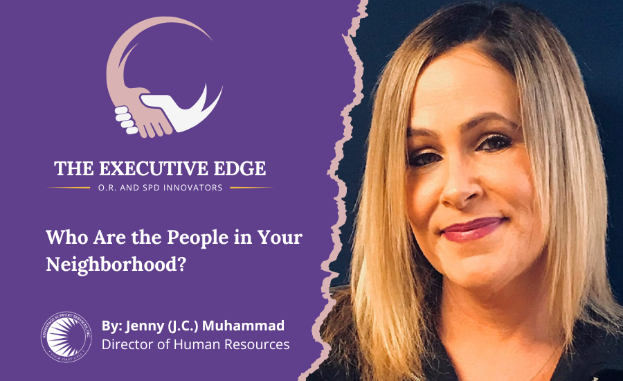 A promotional graphic for The Executive Edge featuring Jenny (J.C.) Muhammad, Director of Human Resources at Advantage Support Services, Inc.. The image has a split purple and dark blue background with a torn-edge effect, a handshake logo, and the title "Who Are the People in Your Neighborhood?".