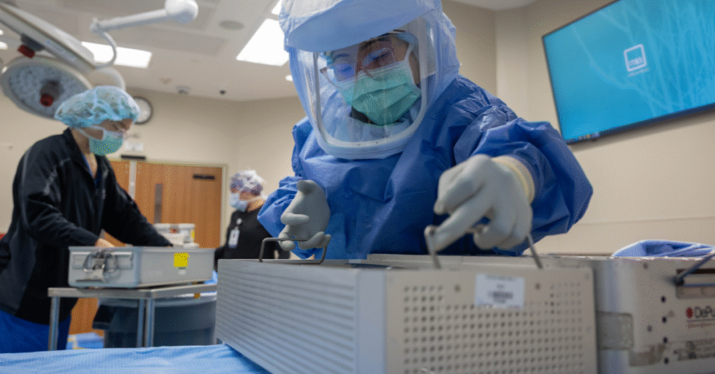 Operating room staff manage surgical trays in a sterile environment—efficiency and standardized workflows support healthcare management associates in delivering high-quality patient care.
